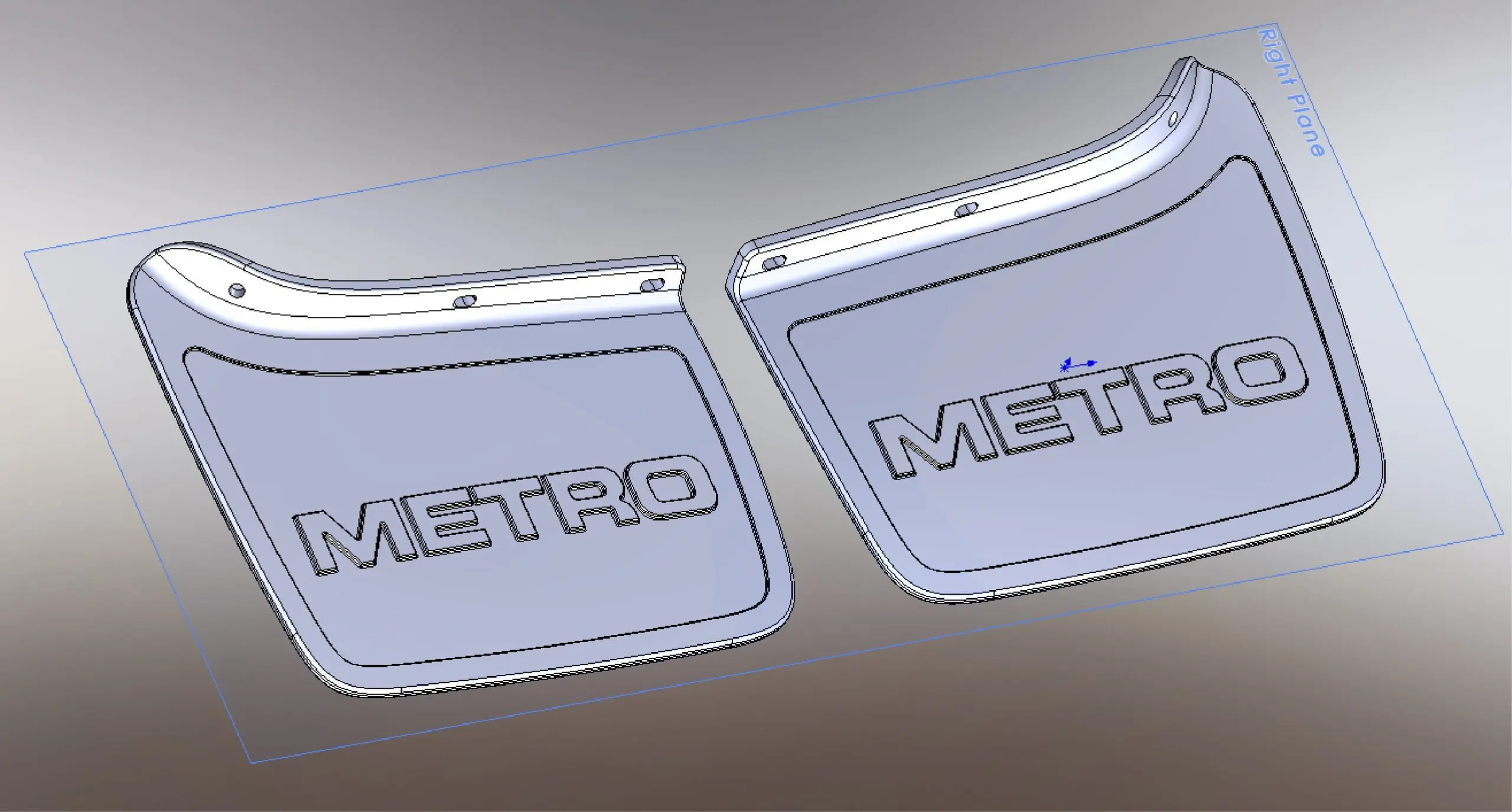 CAD rendering of two curved METRO panels with rounded edges and upper mounting holes, displayed on a grey gradient background.
