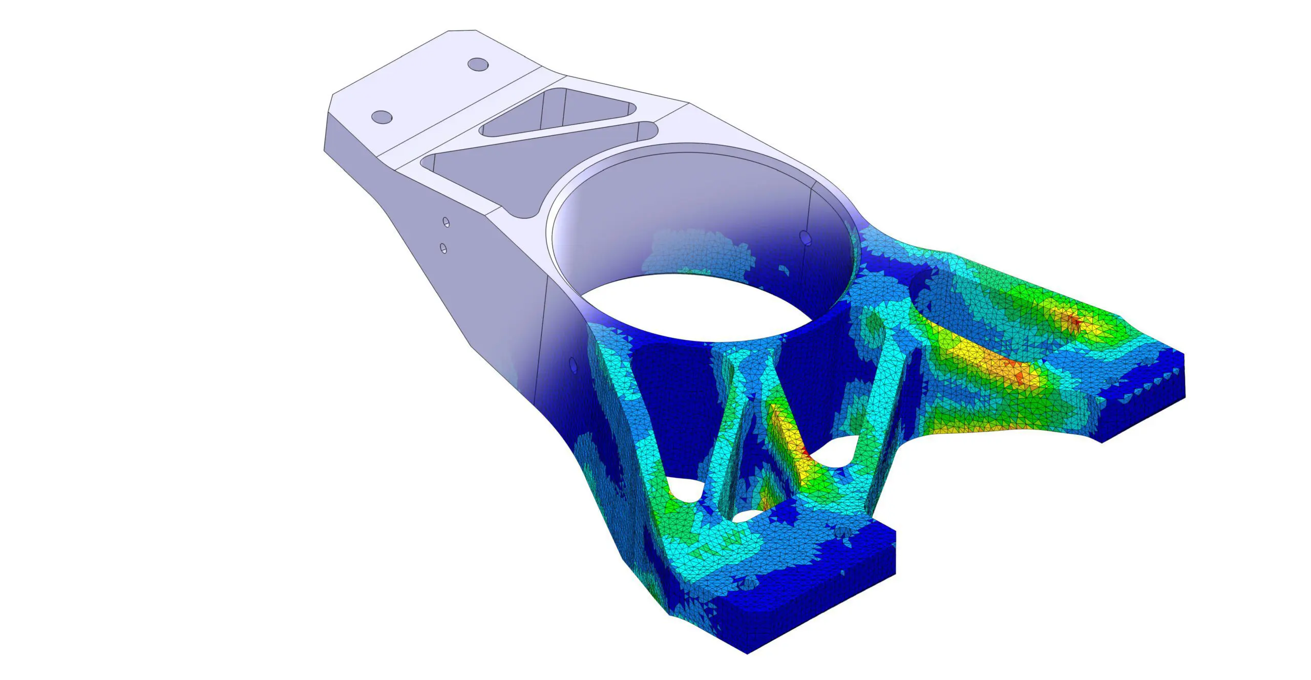 Colour-coded stress simulation of a mechanical component showing high-stress zones in red and low-stress areas in blue, featuring cylindrical and angular features.