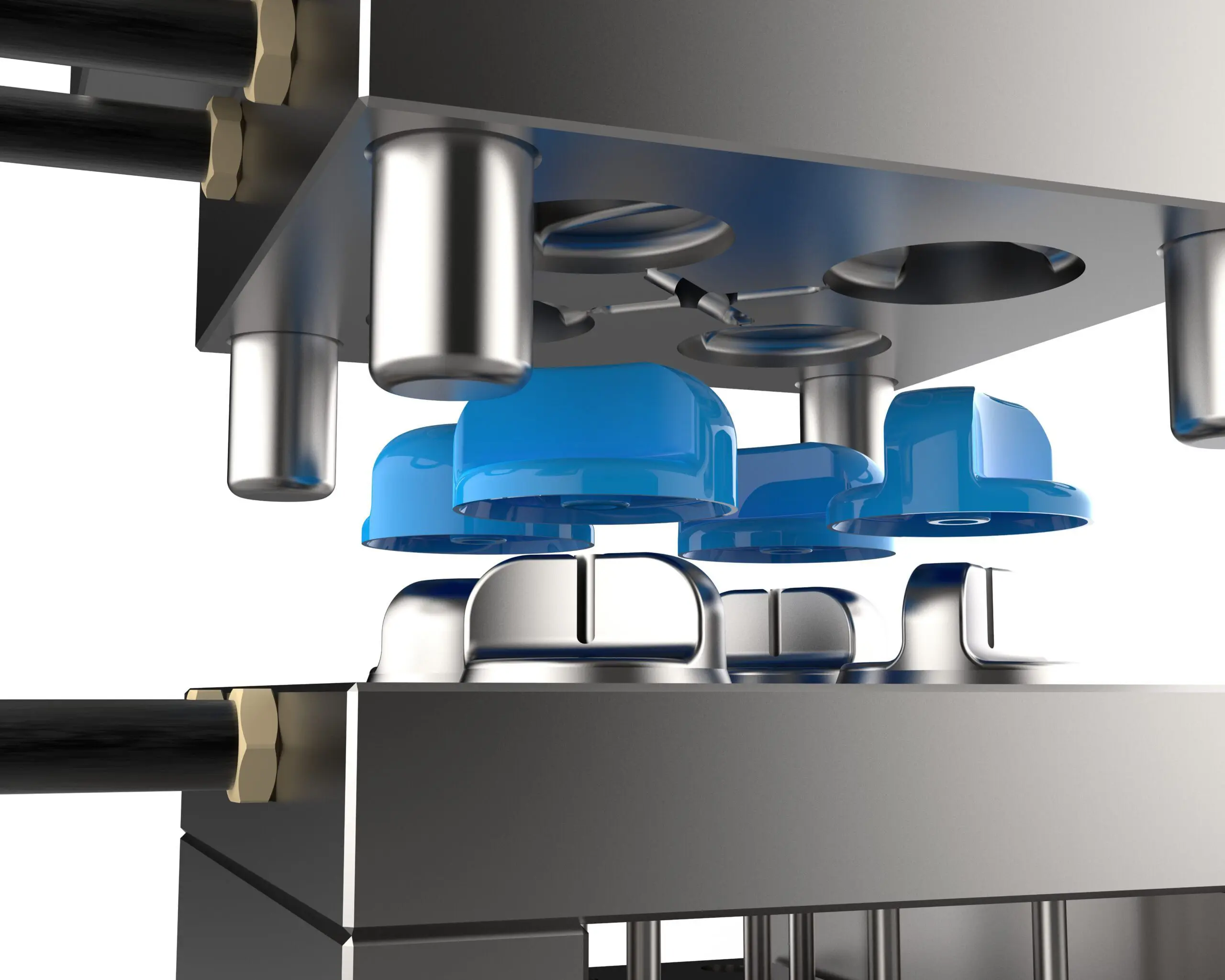Detailed view of a metal industrial machine shaping translucent blue plastic parts, with visible cylindrical components and a polished, reflective surface.