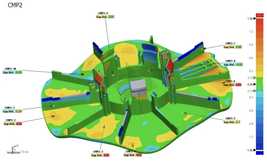 3D colour map showing deviation levels on a circular mechanical component, with labelled measurement points in green, red, and blue zones.
