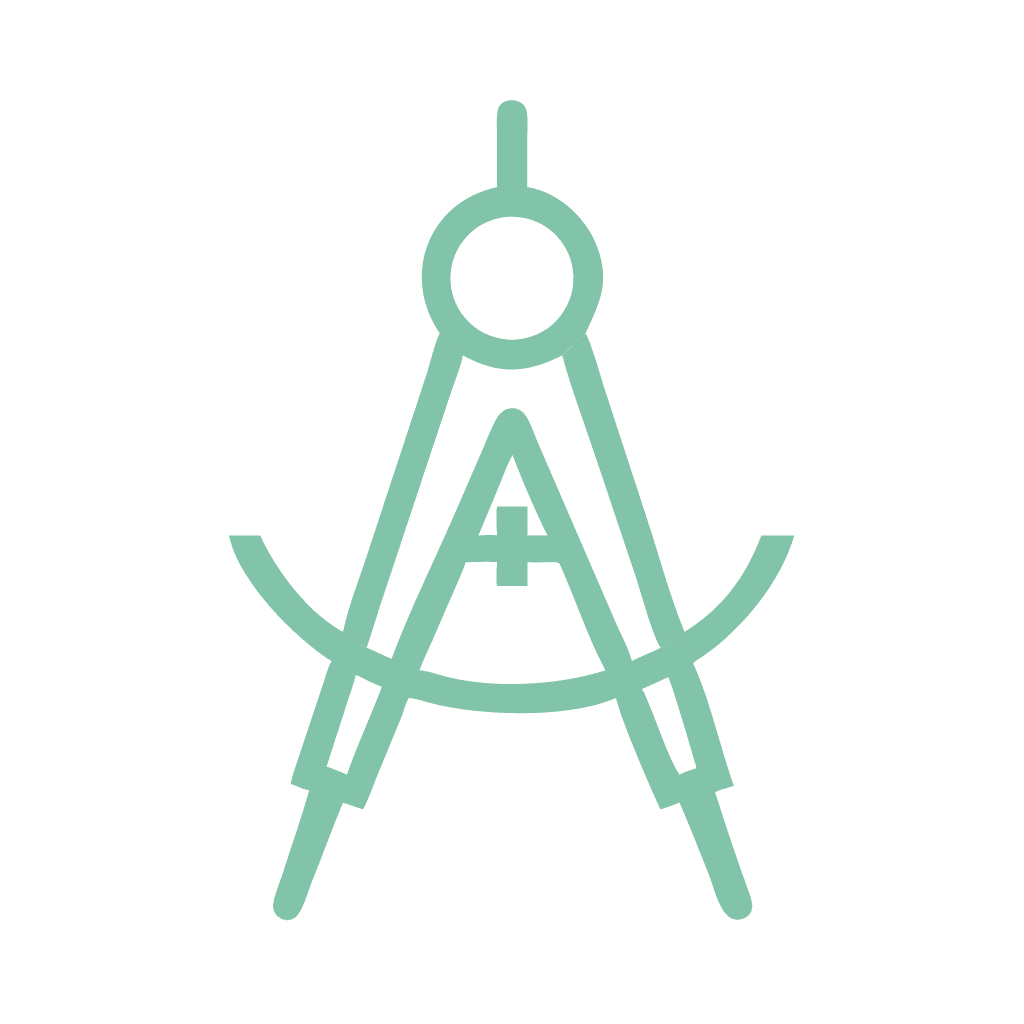 Light green geometric compass icon shaped like the letter ‘A’, with a central plus symbol, set on a dark green background.