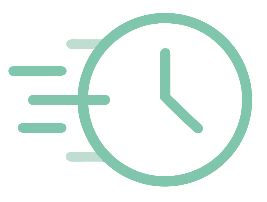 Simple teal clock icon with motion lines to the left, representing speed, efficiency, or rapid processing.