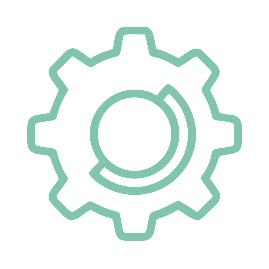 Light green gear icon with a circular interior design, displayed on a transparent background.