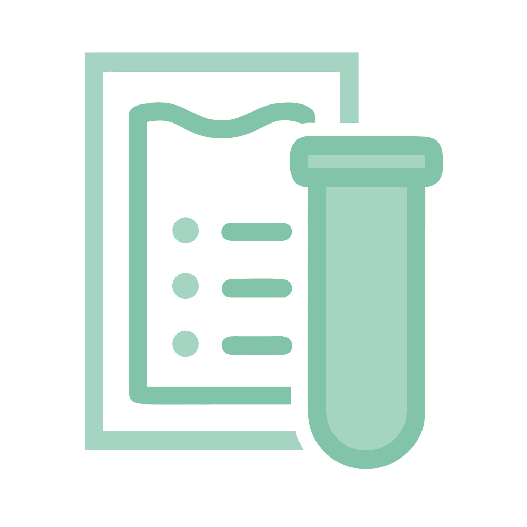 Green icon of a test tube in front of a document or checklist with bullet points and a wavy line, indicating lab results or material testing.