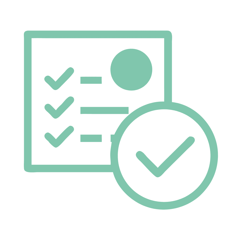 Green checklist icon with three ticked lines and a circular tick overlapping the corner, symbolising performance validation or task completion.