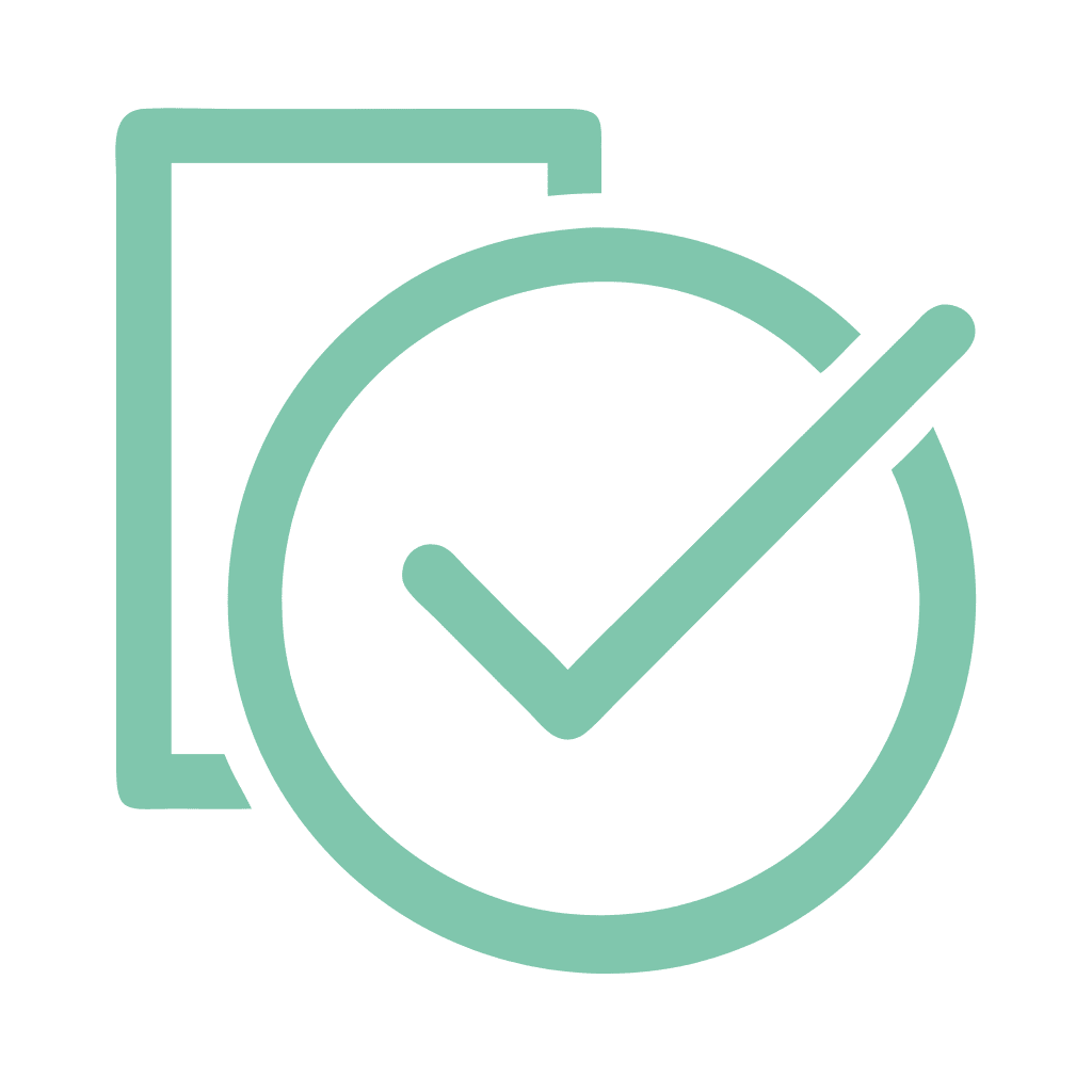 Teal icon with a large tick inside a circle, layered over a document shape to symbolise approval or task completion.