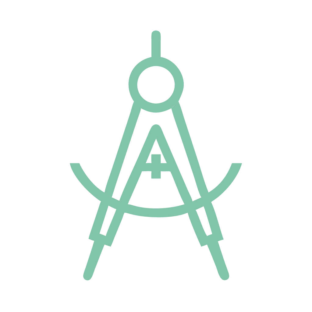 Light green geometric compass icon shaped like the letter ‘A’, with a central plus symbol, set on a dark green background.