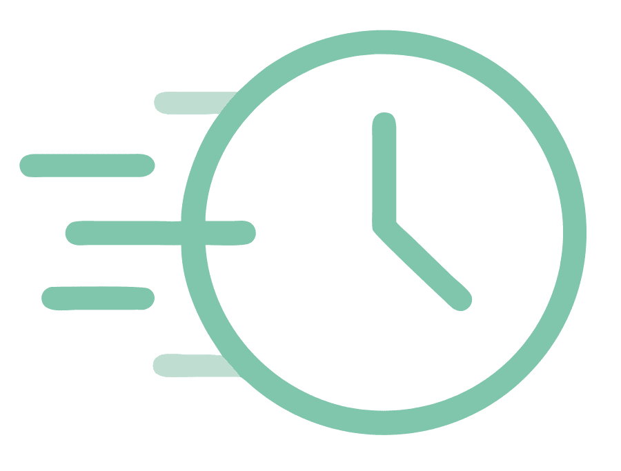 Simple teal clock icon with motion lines to the left, representing speed, efficiency, or rapid processing.