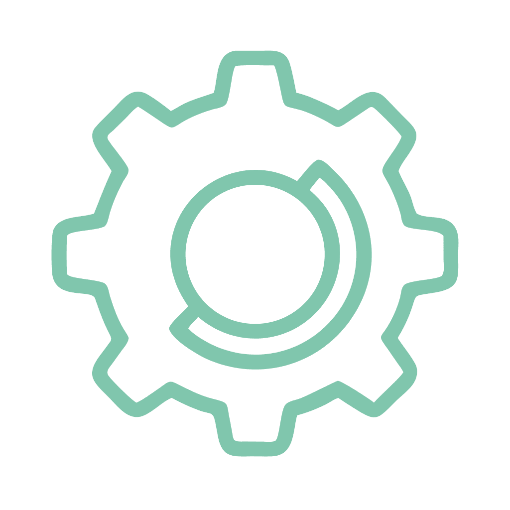 Light green gear icon with a circular interior design, displayed on a transparent background.
