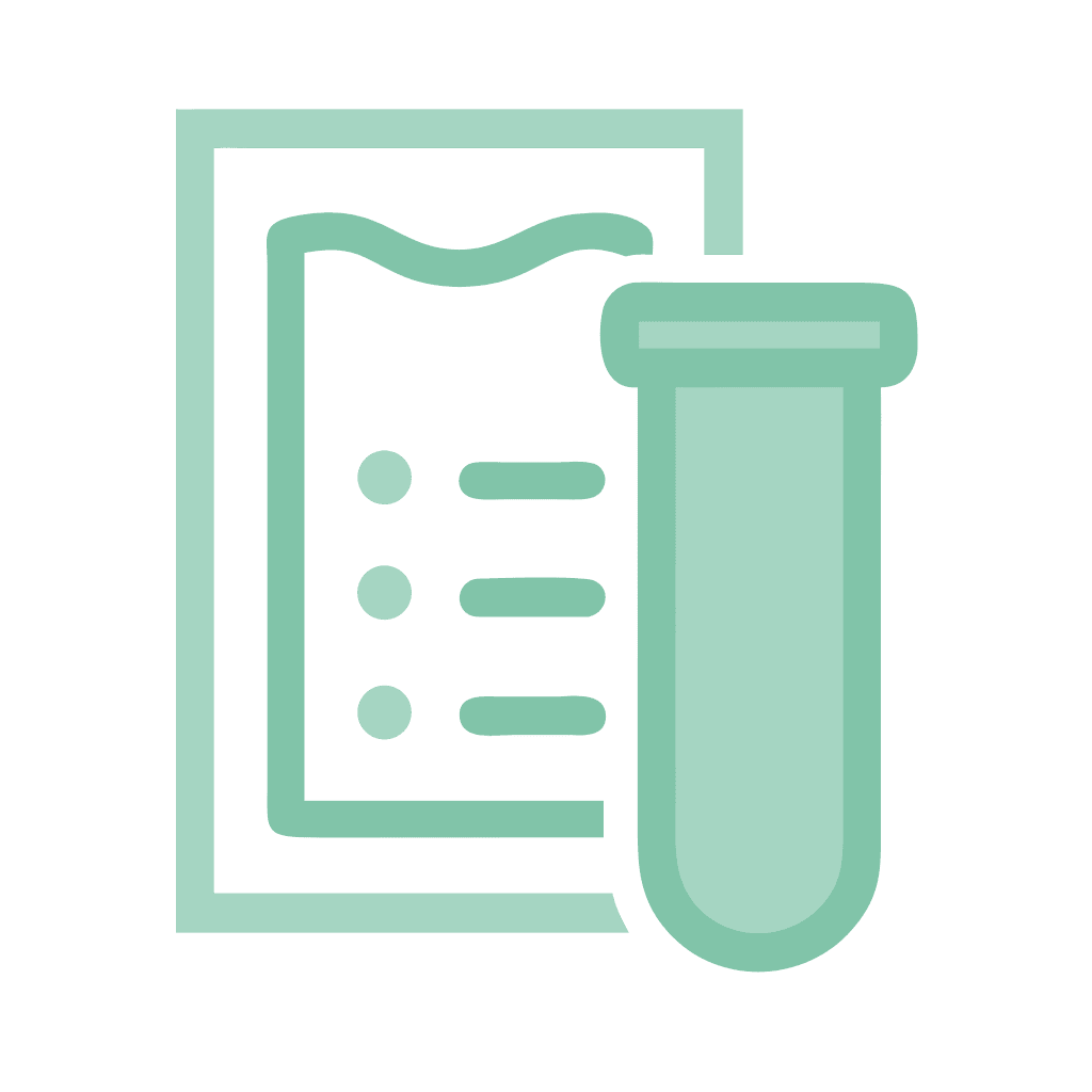 Green icon of a test tube in front of a document or checklist with bullet points and a wavy line, indicating lab results or material testing.