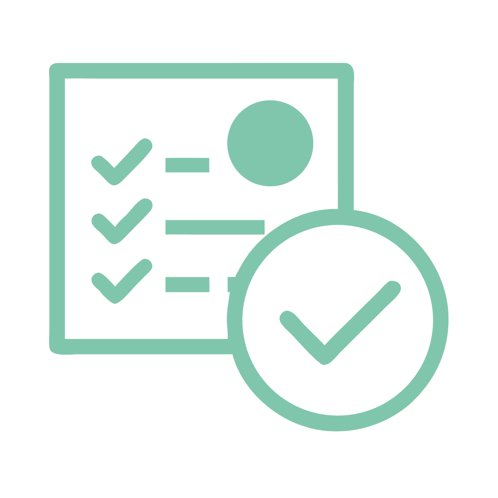 Green checklist icon with three ticked lines and a circular tick overlapping the corner, symbolising performance validation or task completion.