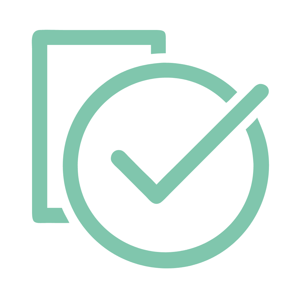 Teal icon with a large tick inside a circle, layered over a document shape to symbolise approval or task completion.